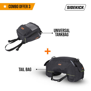 SideKick Combo 3: Universal 15Ltrs Tank Bag plus 45Ltrs Tail Bag, with Waterproof Rain Covers included